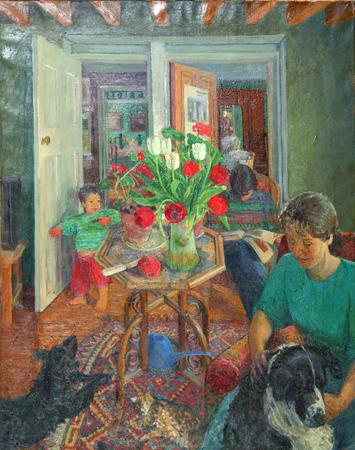 Family, dogs and tulips