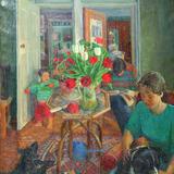 Family, dogs and tulips