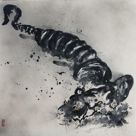 Chinese Tiger, gesso, pigment and tempera