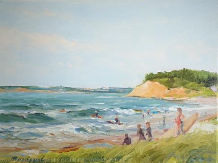 SURFING BEACH - PLEIN AIR, ORIGINAL, ONE-OF-A-KIND OIL ON CANVAS IMPRESSIONISTIC STYLE PAINTING