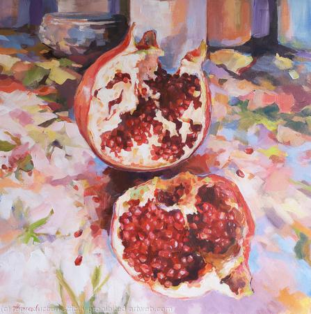 Pomegranate, original, one of a kind, impressionistic style still life painting