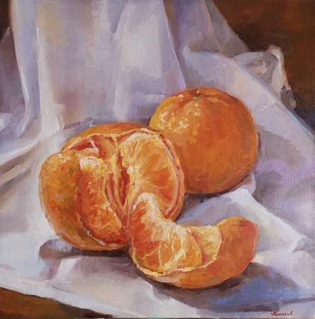 Two mandarines, original, one of a kind,  oil on wide edges canvas painting