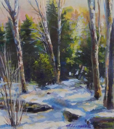 Winter dawn, original acrylic on canvas paper painting, (8x9x0.1'')