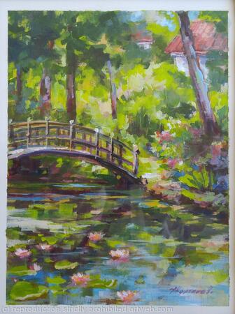 Sunny bridge #2, original, acrylic on canvas paper painting
