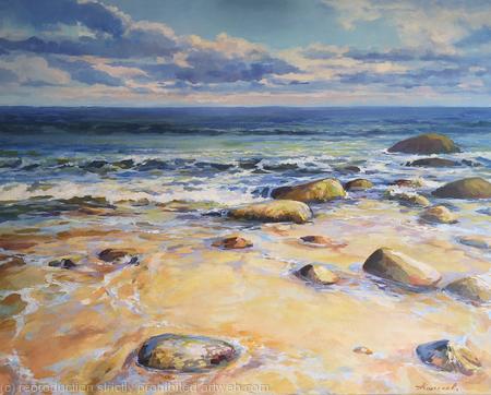 Warm stones 2, original one of a kind acrylic on canvas seascape - Sold 