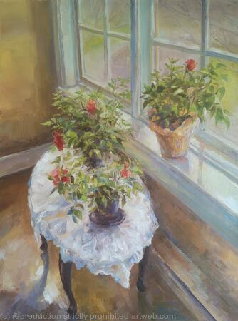 By the window', original one-of-a-kind, oil on canvas impressionistic style still life painting (18x24'')