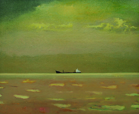Ship under a green sky