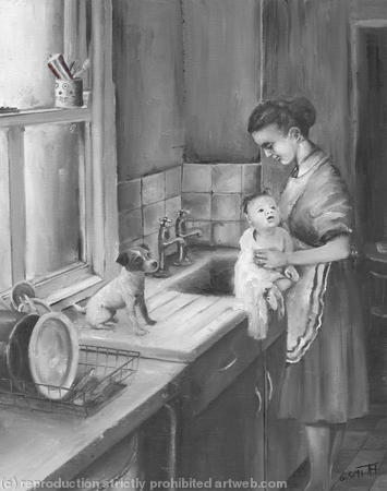 washing the pots pans kids and family pet