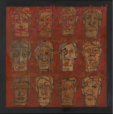 Twelve Heads With Script / Deuddeg Pen Ac Ysgrifen