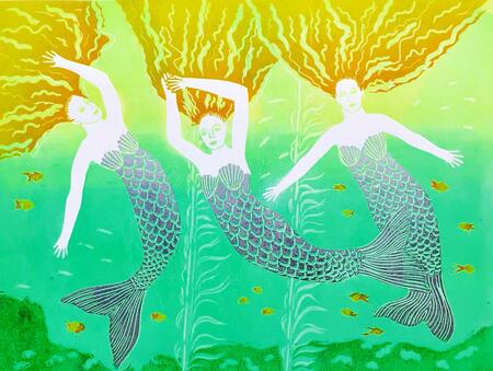 Damsels Dancing. Original Reduction Linocut 