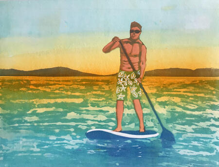 Paddle Boarder in Jaunty shorts. Original Reduction Linocut 