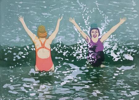 The Joy of Swimming. Original Reduction Linocut 