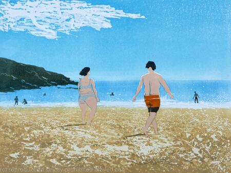 A Day at the Beach original Linocut