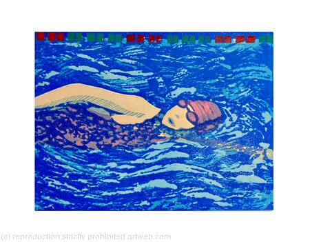 Pool Swimming Original Reduction Linocut 