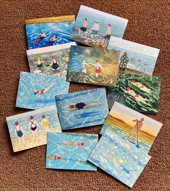 12 Greeting cards Swimming Linocuts