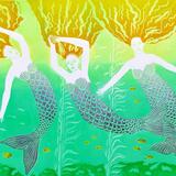 Damsels Dancing. Original Reduction Linocut 