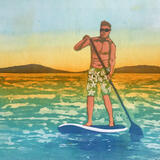 Paddle Boarder in Jaunty shorts. Original Reduction Linocut 