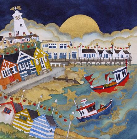 by Christmas lights and golden stars the fishes dance, Southwold