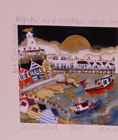 detail showing title/edition/signature in pencil and gold hand painting