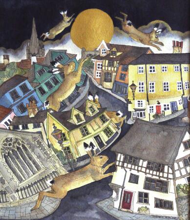 PRINT that first day of Spring the hares would come to leap and run by timbers old,Elm Hill.Norwich