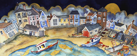  by lookout and old lifeboat he made for home,golden fish to light the way, Aldeburgh 