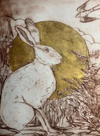 golden Summer's eve saw hare and swallow by willow herb and daisy