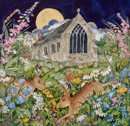 with Mid Summer moon the hares returned to leap and dance in cup and daisy,Westleton