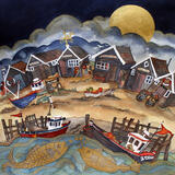 as gold moon rose the fishes came to wait for boats to take to sea, Southwold