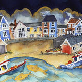  by lookout and old lifeboat he made for home,golden fish to light the way, Aldeburgh 