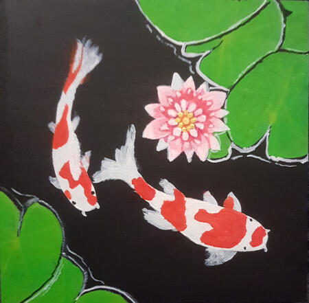 2 Koi and 1 lily