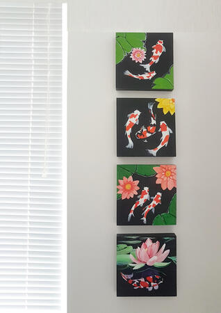 4no. wood panels of koi