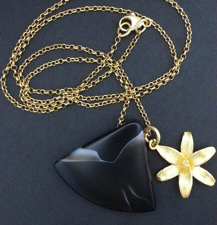 SOLD. Art Deco Black Agate Gold Flower Pendant