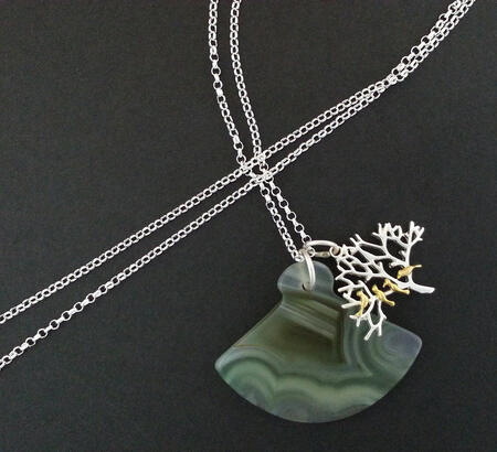 SOLD. Green Agate Art Deco Silver Tree Birdies Necklace