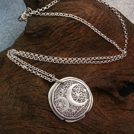 Moon and Stars Boho Silver Wax Seal Pendant 