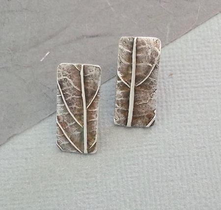  Rectangular Leaf Textured Fine Silver Stud Earrings