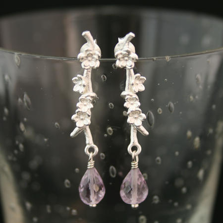 Pink Amethyst Silver Flower Stud  Earrings 