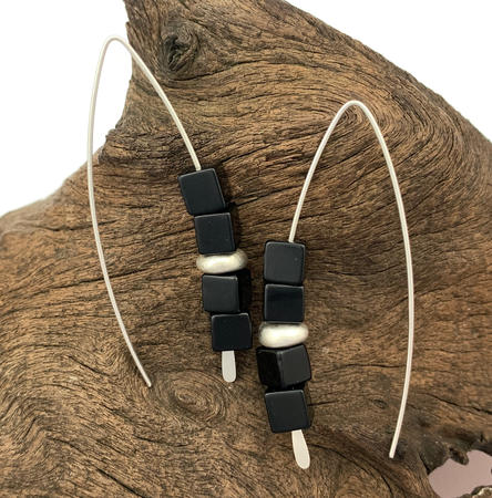 Black Onyx Cube Stacking Threader  Earrings