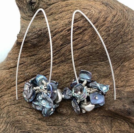 Peacock Petal Keshi Pearl Wire Wrapped Threader Earrings