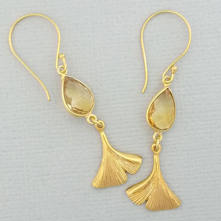 Faceted Citrine Ginko Leaf  Vermeil Earrings