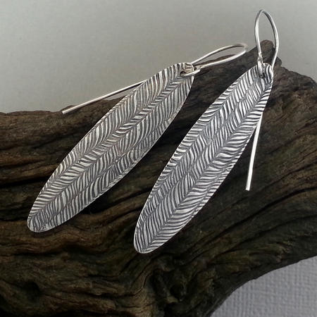 Long Feather Textured Patinated Silver Earrings