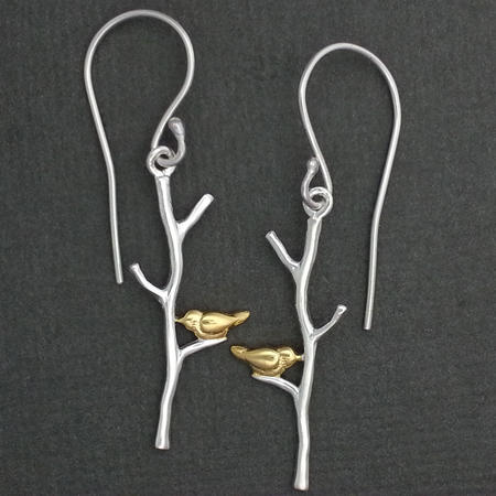 Gold Bird on Branch/Tree Silver Earrings