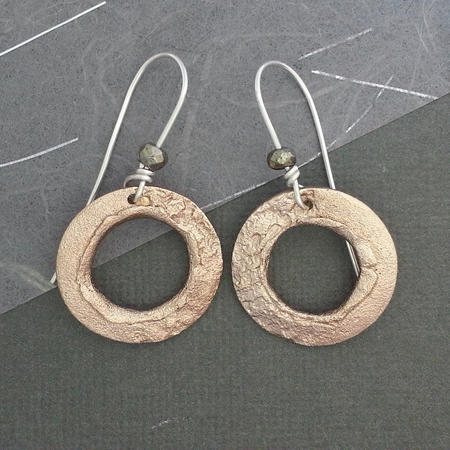 Bronze Textured Hoop/Round Earrings with pyrite