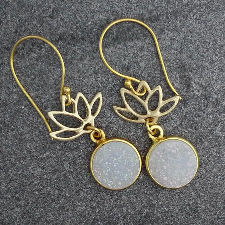 White Druzy Lotus Flower Gold Vermeil Earrings