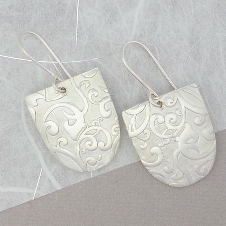 Swirl Patterned Silver Shield Earrings