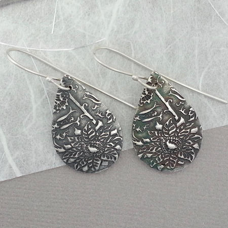 Flower Patinated Teardrop Silver Earrings