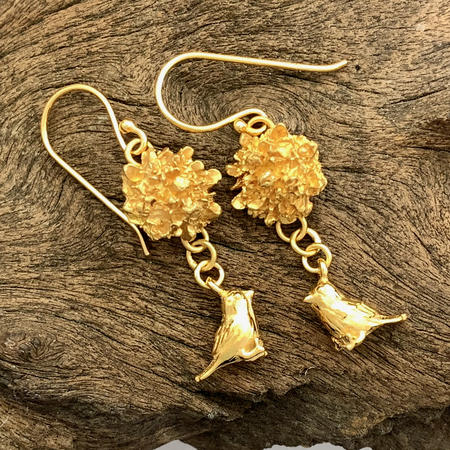 Birds and Flower Gold Vermeil Earrings