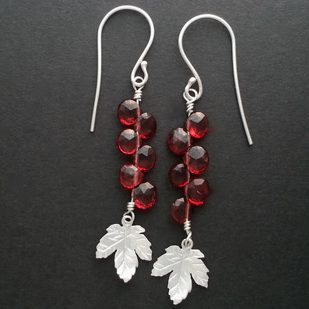 Garnet and Maple Leaf Silver Earrings
