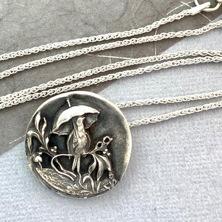 Birdie Under Umbrella Silver Picture Pendant