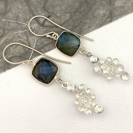Silver Labradorite Coral Earrings