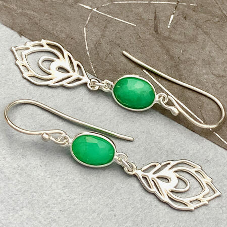 Chalcedony Silver Peacock Feather Earrings